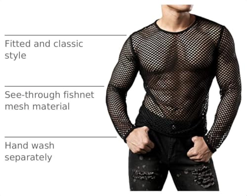 JOGAL Mens Fishnet Mesh Long Sleeve Shirt Fitted Muscle Top - color: Black, size: XX-Large