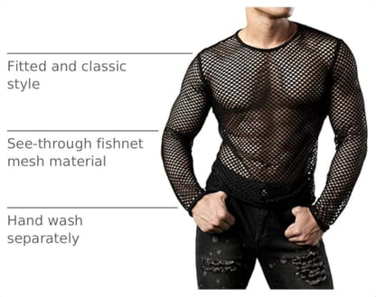 JOGAL Mens Fishnet Mesh Long Sleeve Shirt Fitted Muscle Top - color: Black, size: XX-Large