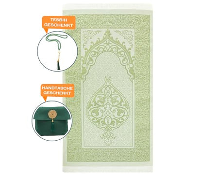Prien Muslim Prayer Rug with Tasbih and Portable Bag, Muslim Gift for Women Men, Mubarak Islamic Box, Soft Mat Islam Gifts Set, Turkish Sajadah for Ramadan, Eid, Hajj, Travel, Pray (Emerald) - color: Emerald