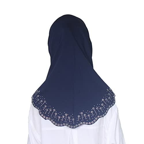 Girls Hijab with Rhinestones – Sparkly Non-Slip Amira Scarf for Kids, for Daily Prayer, School, Ramadan & Eid (Ages 4-12) - color: Navy Blue-wavy Edge