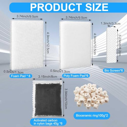 Threlaco 26 Pcs Aquarium Filter Media Kit Compatible with Fluval C2 (30 Gal) Power Filter, 6 White Foam Sponge Pad, 6 Poly Foam Pads, 6 Bio-Screen, 6 Activated Carbon, 2 Pack 3.5 oz/100g Ceramic Ring - size: Compatible with C2