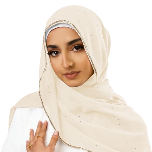Hijab Scarf for Women Soft Chiffon Rhinestone Long Scarf Shawl Fashion Muslim Hijab Head Wrap Scarves - color: Beige