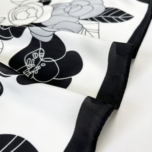 FONYVE Silk Feeling Scarf Medium Square Satin Head Scarf for Women 27.5 × 27.5 inches - color: 03 White & Black Flowers