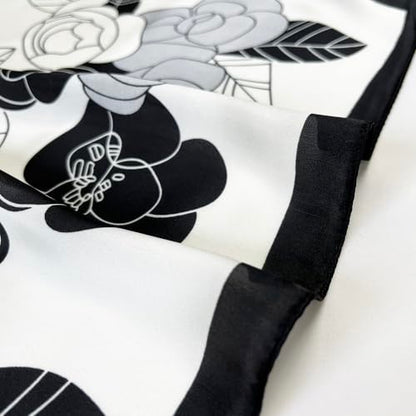 FONYVE Silk Feeling Scarf Medium Square Satin Head Scarf for Women 27.5 × 27.5 inches - color: 03 White & Black Flowers