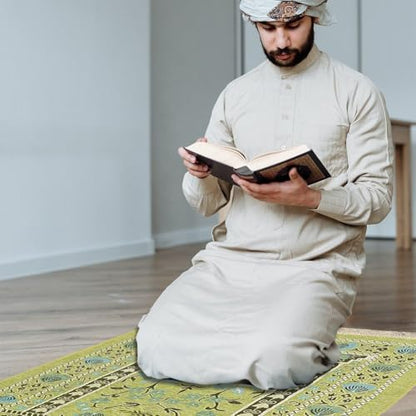 Muslim Prayer Rug, Soft Plush Thin Islamic Prayer Mat, Travel Janamaz, Sajada Tassel Praying Carpet, Ramadan Eid Hajj Gift - color: Light Green