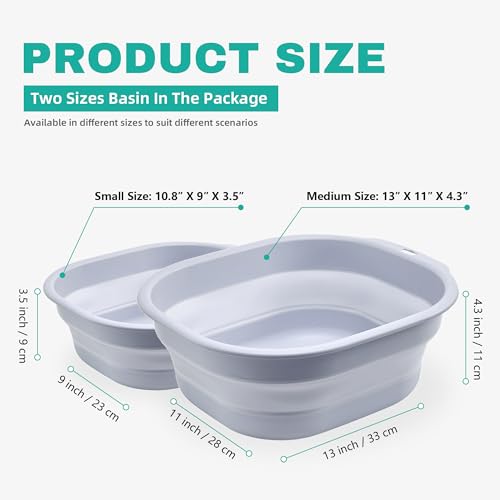 2 Pack Collapsible Wash Basin Set, Foldable Dish Tub, Small Medium Portable Sink for Kitchen, Camping, RV, Baby Bottles, Laundry, Plastic Washbasin -Gray - color: Gray