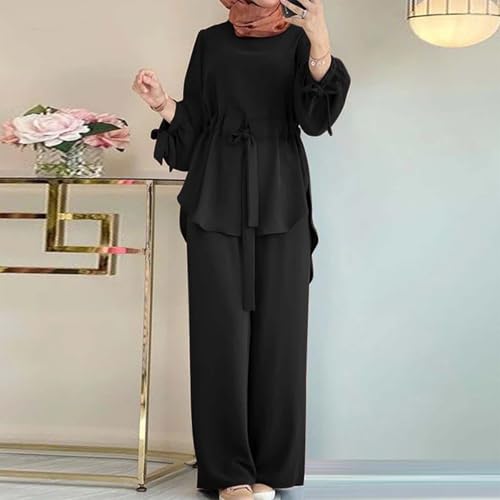 Muslim Outfits for Women Drawstring Waist Lantern Muslim Sleeve Top with Wide Leg Trousers Two Piece Set - size: XX-Large