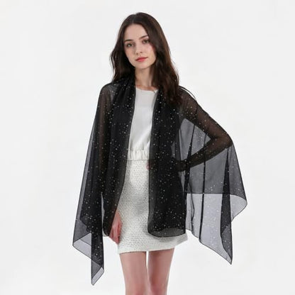 Sequin Scarf for Women Lightweight Mesh Shawl Wrap Bandana Hijab Headscarf for Summer Evening Dress - color: Black