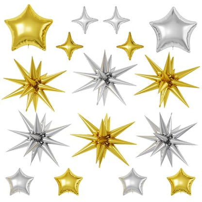 Gold Silver Star Balloons,16Pcs 22/18/10 Inch Foil Birthday Wedding Decor - color: Gold Silver
