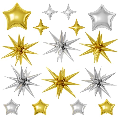 Gold Silver Star Balloons, 22/18/10 Inch Foil Balloons, Four-Pointed Balloon for Men Birthday Graduation Wedding Bridal Baby Shower Party Decorations - color: Gold Silver