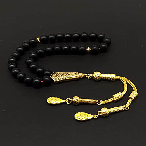 Black Agate Stone Prayer Beads and Bracelet - Worry Beads - Tesbih - Tasbih - Tasbeeh - Misbaha - Masbaha - Subha - Sebha - Rosary (Black Agate Stone/Gold Tassel) - color: Black Agate Stone Prayer Beads and Bracelet