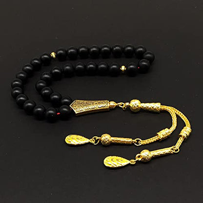 Black Agate Stone Prayer Beads and Bracelet - Worry Beads - Tesbih - Tasbih - Tasbeeh - Misbaha - Masbaha - Subha - Sebha - Rosary (Black Agate Stone/Gold Tassel) - color: Black Agate Stone Prayer Beads and Bracelet