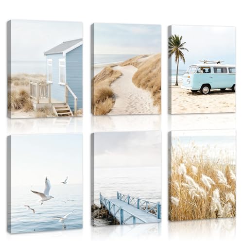HOURIA Framed Beach Coastal Canvas Wall Art,(Set of 6,8”x10”) Neutral Beach Pampas Grass Seascape Wall Art, Blue Beach House Decor, Seagulls Van Summer Tropical Beachy Decorations - color: Summer Coastal Beach Canvas Wall Art, size: 8X10inches