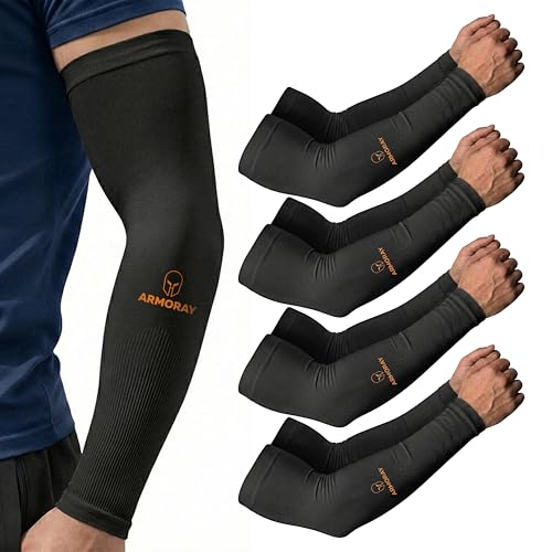 ARMORAY Arm Sleeves for Men and Women - UV Sun Protection Cooling Compression - Tattoo Cover Up Sleeve for Daily Wear & Work - color: Black (4 Pair)