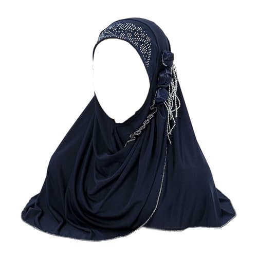 Women Soft One Piece Hijab Long Muslim Turban Islamic Full Head Scarf - color: 3 Flowers/Navy