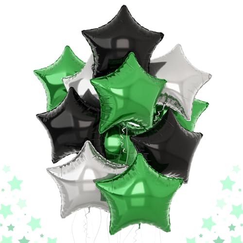 Green Black Star Balloons, 18Inch Balck Olive and Silver Stars Shape Foil Balloons Helium, 12Pcs Green Pentagram Foil Party Decoration for Boy Men Birthday Graduation Video Games Soccer Party Supplie - color: Green Black Silver