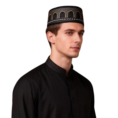 haozaikeji 4pcs Men's Muslim Prayer Kufi Hat Embroidered Islamic Prayer Cap Arabian Omani Turkish Praying Caps Eid Topi Hat - color: Black+white+gold+blue