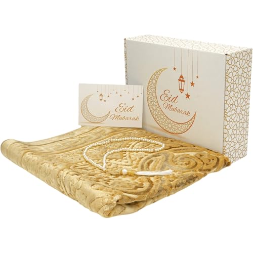 Modefa Muslim Prayer Rug Islam - Ramadan Gifts Set with Prayer Mat & Tasbih Prayer Beads - Soft Plush Islamic Gifts for Women Muslim Gifts for Men - Luxury Velvet Gift Box Set (Paisley Golden Yellow) - color: Golden Yellow