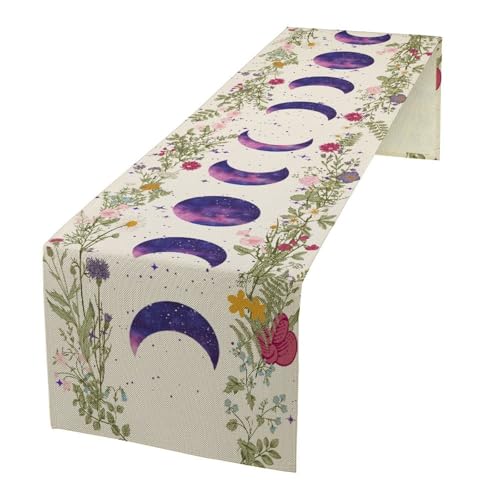 Boho Moon Phase Table Runner, Retro Wildflower Plant Botanical Purple Moon Moonlit Garden Floral Table Runner for Kitchen Dinning Bedroom Table Decor Party Holiday, 13x36 Inch - color: Moon Phase-1, size: 13"W x 36"L