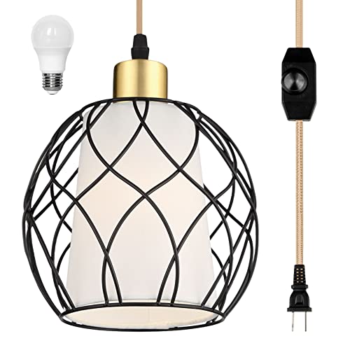 Cinkeda Plug in Pendant Light, Black Farmhouse Hanging Lights with Linen Shade, 15ft Golden Cotton Cord, Industrail Ceiling Lamp with Dimmable Switch, for Kitchen Island Living Room (Bulb Included) - color: Black