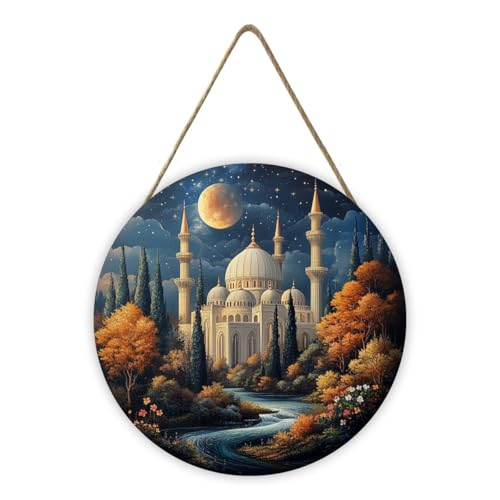 Starry Sky Mosque with Glowing Dome & Flowing River Scene Sign, Farmhouse Wood Decor, Rustic Hanging Plaque for Entryway, Living Room, Dining Room, 12x12 Inch