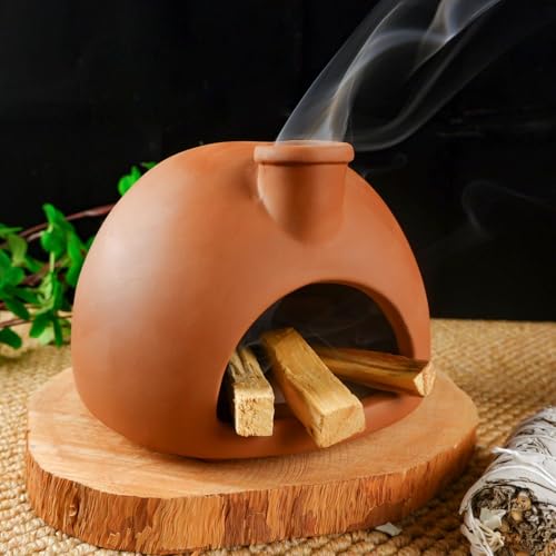 MOUGIGI Large Handmade Terracotta Palo Santo Holder - Chiminea Incense Dish with Chimney, Cone Burner for Sage, Ideal for Meditation, Zen, Yoga, Spa | Aromatherapy, Mindfulness, Altar Decor Gift - color: Large Pizza Oven Matte -Terracotta