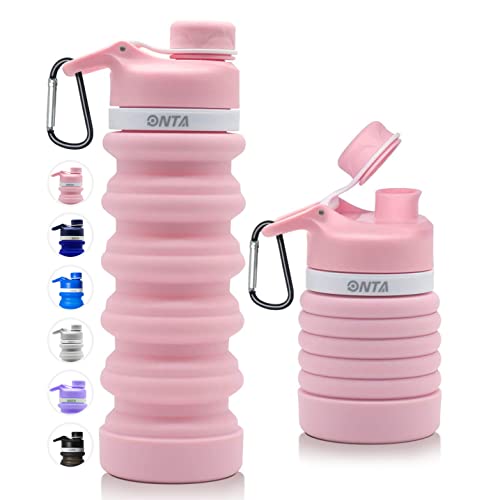 ONTA Collapsible BPA Free Silicone Water Bottle, 20oz - Portable, Leakproof, Easy Clean, Shatter Resistant, Travel Friendly - color: Pink, size: 18.6 Ounces