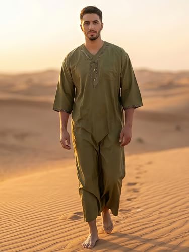 Mens Kaftan Thobe V-Neck Half Sleeve Muslim Robe Dubai Long Gown Saudi Arab Thobe Robes for Summer Beach - color: Green, size: 3X-Large