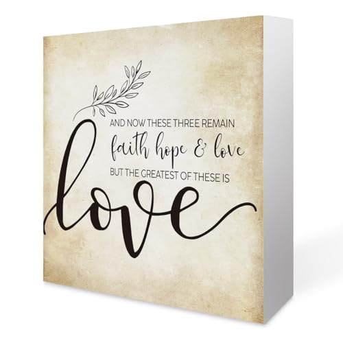Inspirational Bible Verse 1 Corinthians 13:13 Faith Hope and Love Wooden Box Sign Scripture Desk Decor Rustic Scripture Wood Block Plaque Box Sign for Home Office Shelf Table Decoration - color: 1 Corinthians 13:13