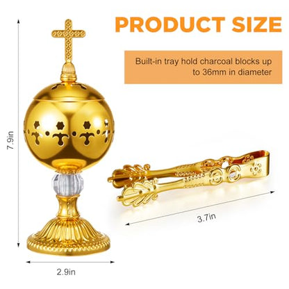 Zonon 1 Set Incense Burner with Tong, Frankincense Charcoal Incense Stand Holder, Ideal for Yoga, Spa, Aromatherapy, Home and Christian Church Censer (Gold,Retro) - color: Gold, size: Retro