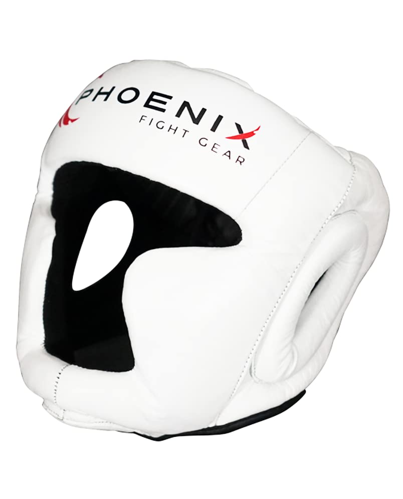 Flight Headgear w/Cheek and Chin Support, Leather Sparring Headgear, Boxing, MMA, Muay Thai Kickboxing, Mixed Martial Arts, UFC - color: White, size: Large