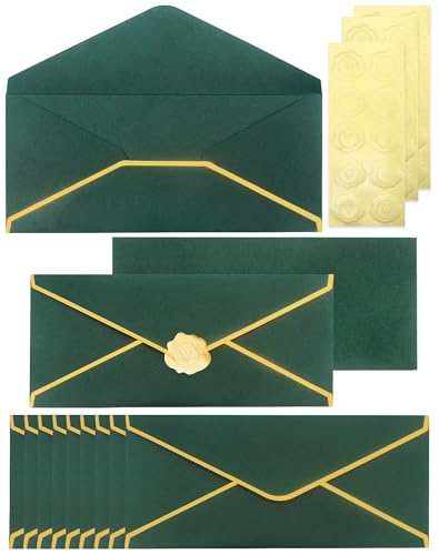 Business Envelopes with V-Flap,Gold Border 30 Pack #10 Envelopes Made of 150gsm Paper, Standard Envelopes with Gold Stickers for Office, Checks, Letter Mailing,9.45 x 4.13 Inches (Christmas Green) - color: Deep Green