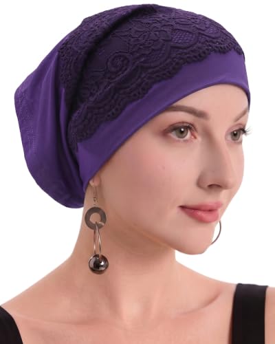 ZLYC Hijab Cap for Muslim Women Soft Stretchy Open-Back Inner Undercap - color: Lace Solid Purple