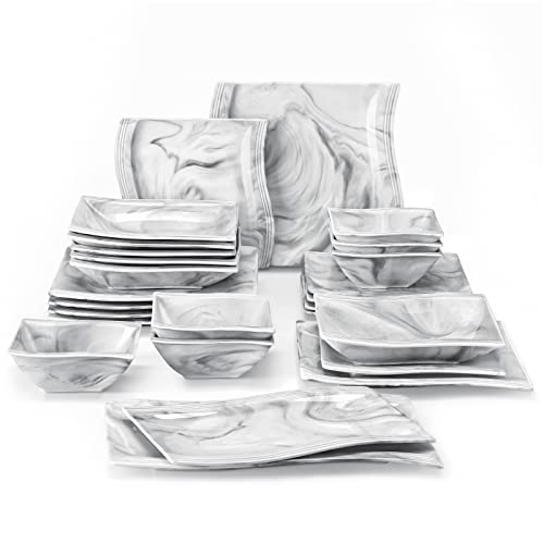 MALACASA 26-Piece Marble Grey Square Dinnerware Sets, Flora Porcelain Dinner Set for 6, Service for 6, Microwave & Dishwasher Safe, BPA, Lead & Cadmium Free - color: Marble Grey, size: 26 Piece(Service for 6)
