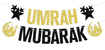 Umrah Mubarak Banner-Eid Mubarak Festival Party Hanging Decorations, Ramadan Kareem/Happy Eid, Hajj Mubarak Umrah Mubarak Islamic Party Supplies Gold and Black Glitter