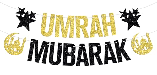 Umrah Mubarak Banner-Eid Mubarak Festival Party Hanging Decorations, Ramadan Kareem/Happy Eid, Hajj Mubarak Umrah Mubarak Islamic Party Supplies Gold and Black Glitter