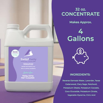 SwaytAway Fitness Mat Cleaner Concentrate – 32oz/Make 4 Gal - No-Slip No-Residue Lavender Essential Oil Formula – USA Made Aromatherapy Yoga Mat Spray for Home & Studio – Natural Cleaning Solution - size: 32 oz - 1 Pack