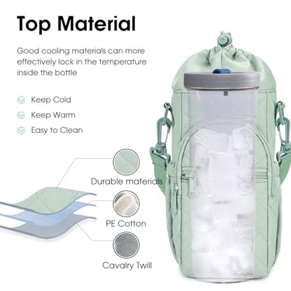 sportsnew 40oz Insulated Crossbody Water Bottle Bag Gym Hiking Phone Pocket | Water-resistant Lining, Padded Strap, Top Handle, Drawstring, Phone Pocket, Elastic Slots, Built-In Key Clip for Gym Walking - color: Quilt Green