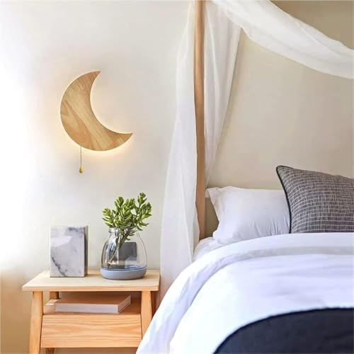 Moon Shape Nordic Style Wall Sconce 11.9-Inch Oak Wood Wall Lamp with Pull Chain Switch 3 Color Temperatures Acrylic Crescent Light Fixture for Bedroom Study Hallway