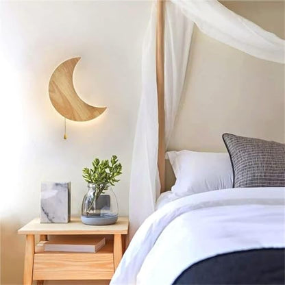 Moon Shape Nordic Style Wall Sconce 11.9-Inch Oak Wood Wall Lamp with Pull Chain Switch 3 Color Temperatures Acrylic Crescent Light Fixture for Bedroom Study Hallway