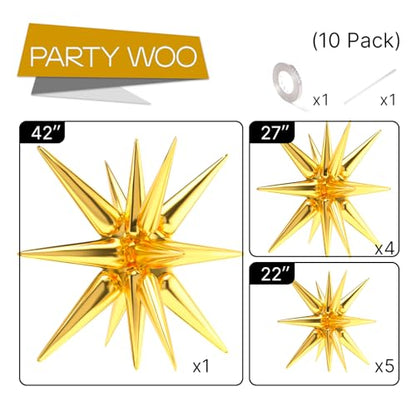 PartyWoo Metallic Gold Star Spike Balloons 10pcs Explosion Foil Balloons - color: Gold, size: 10 PCS - 42&27&22 Inch