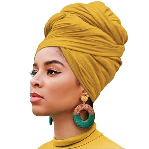 XTREND 1 Piece Head Wraps Stretch Jersey Long Turban Ultra Soft Knit Hair Scarfs African Fashion Headband Tie Breathable Headbands Shawls for Women (Turmeric) - color: Z1 Turmeric