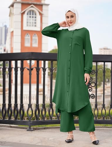 ODIZLI Women's Muslim 2 Pieces Sets Long Sleeve Button Down Shirt and Pants Abaya Casual Dress Dubai Outfits - color: Emerald Green, size: Large