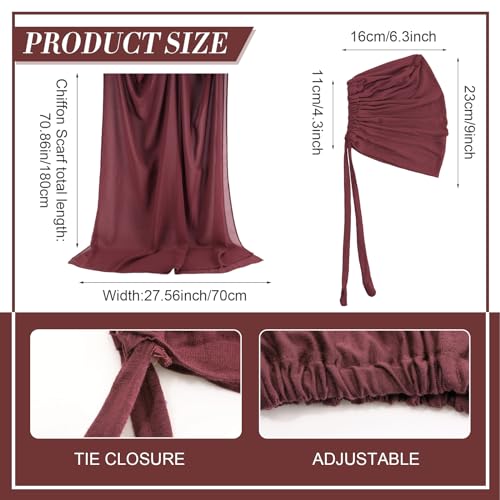 4 Pcs Women Solid Chiffon Hijab Scarves and Undercap Set Long Shawl Soft Wrap Scarves Muslim Inner Hijab Caps - color: Black, Coffee