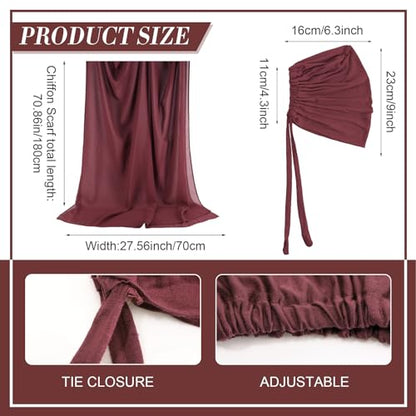 4 Pcs Women Solid Chiffon Hijab Scarves and Undercap Set Long Shawl Soft Wrap Scarves Muslim Inner Hijab Caps - color: Black, Coffee
