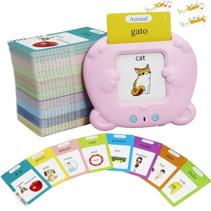 Spanish & English 510 Words Alphabet Bilingual Talking Flash Cards for 3-8 Years Toddlers, Pocket Speech Buddy Therapy Autism Toys, Educational Learning Interactive Toy for Boys Girls Kids Gifts Pink - size: 510 Words Spanish and English (Pink)