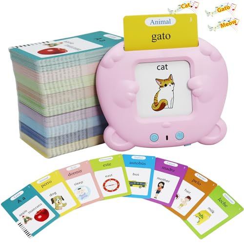 Spanish & English 510 Words Alphabet Bilingual Talking Flash Cards for 3-8 Years Toddlers, Pocket Speech Buddy Therapy Autism Toys, Educational Learning Interactive Toy for Boys Girls Kids Gifts Pink - size: 510 Words Spanish and English (Pink)