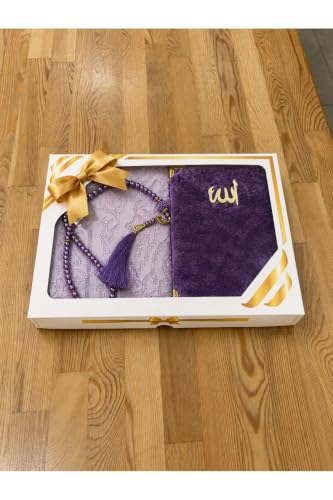 Islamic Prayer Rug Set with Yasin Book and Prayer Beads - Purple Cotton Seccade Gift Set for Men and Women - Includes Prayer Mat, Book, Rosary, and Gift Box - appropriate for Ramadan, Hajj, Umrah, and