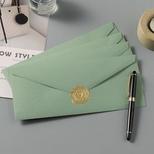 50 Pack Sage Green #10 Business Envelopes with Stickers, 4.13 x 9.49 Inches | Standard Envelopes V Flap, For Office, Business Letter, Letter Mailing - color: Sage Green