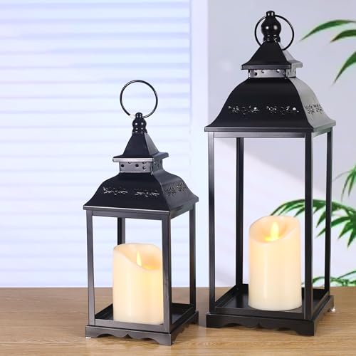Decorative Candle Lanterns Set of 2, Black Metal for Indoor & Outdoor - color: Black, size: 17"&12"